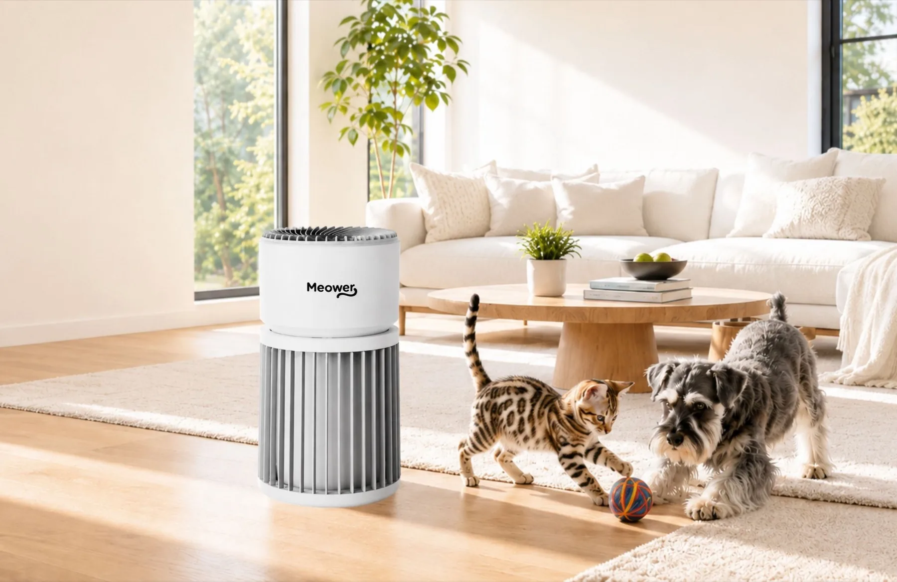 Meower air purifier in a sunlit living room while a Bengal cat and a schnauzer play with a toy