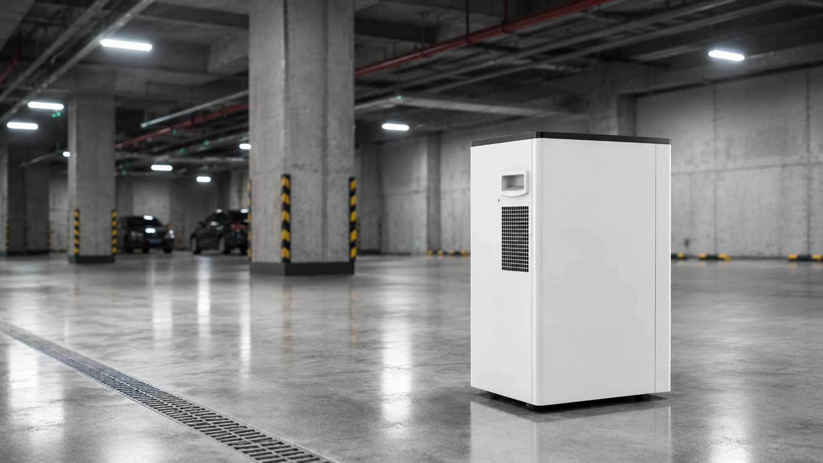 MD0001 commercial dehumidifier in a basement garage