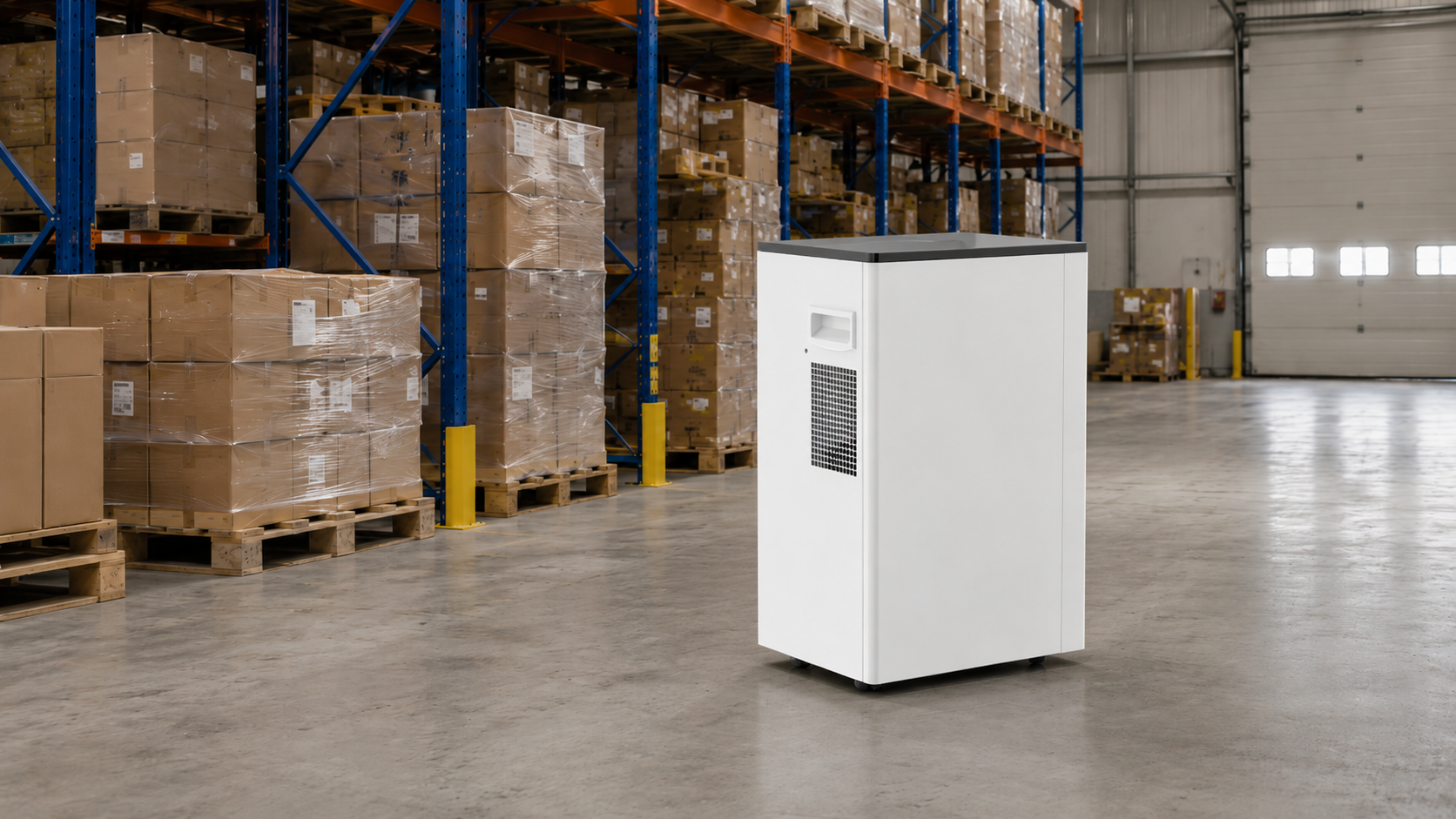 MD0001 commercial dehumidifier in a warehouse
