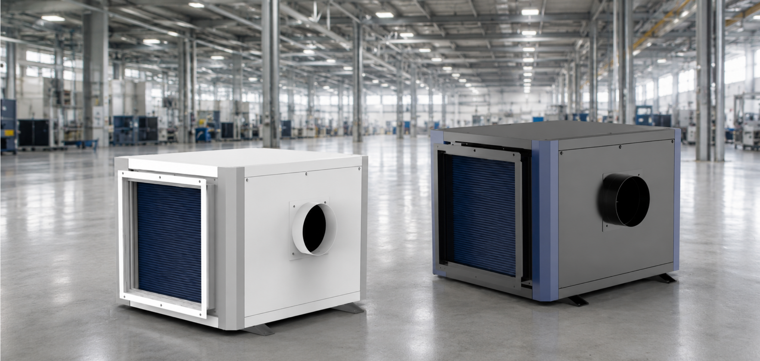 White and black MD0002 ceiling-mounted dehumidifiers in a factory
